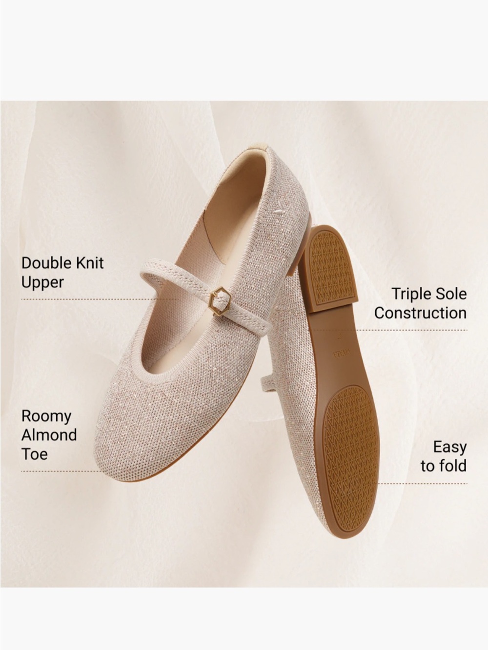 VIVAIA Beige Pink Knit Mary Jane Ballet Flats Women's Size 37 EU 6.5 US - Picture 11 of 13